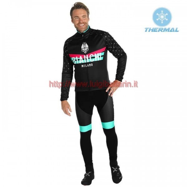 Completo Ciclismo 2019 Bianchi Milano PB nero thermique Maglia Ciclismo Manica Lunga e Salopette Lunga