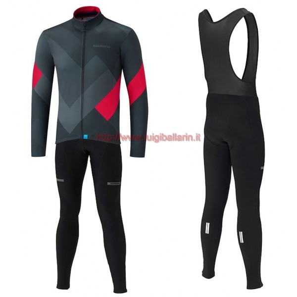 Completo Ciclismo 2019 Shimano Gris-rosso Maglia Ciclismo Manica Lunga e Salopette